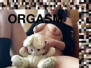 TEEN girl teaches plush rabbit to lick!squirting slut dirty talk