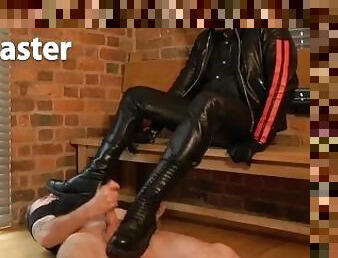 Slave worships his Master's 20 hole boots before eating his cum off them PREVIEW