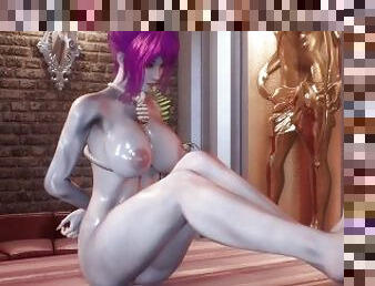 Bound girl with purple hair jerks off dick with legs to guy 3D