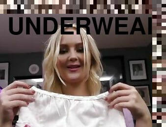 POV handjob babe trying on underwear before tugging