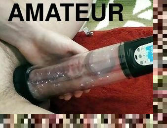 Penis pump: 10 minutes low level, 5 minutes medium and cumshot