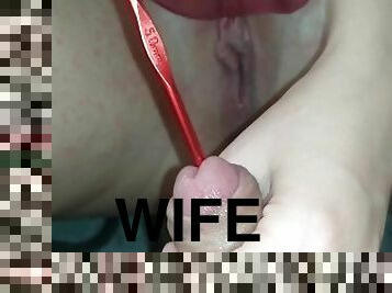 Wife inserts various objects into the urethra and handjob