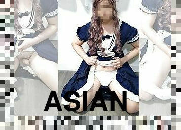 Crossdresser Wearing a Blue Sailor Dress and a Sanitary Towel, then Jerking off ??? ?? ??