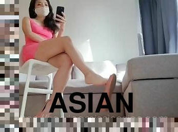 asiatique, masturbation, pieds, secousses, ejaculation, fétiche, femme-dominatrice