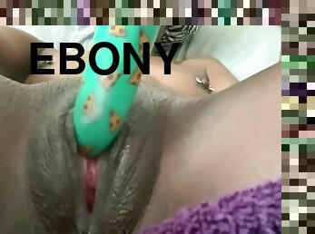 Slim ebony cums fast with pizza toy