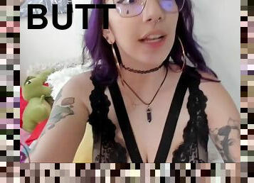 Sexy virtual slut with purple hair, big milky tits, tattooed body, big ass and pretty face masturbates her pussy for you