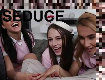Three BFF girls in pink uniforms seduce a guy in a foursome
