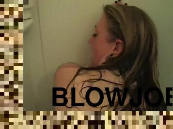 Hot blonde gives blowjob in the shower and gets creamed all over her body