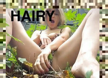 Playing with my hairy pussy in the woods