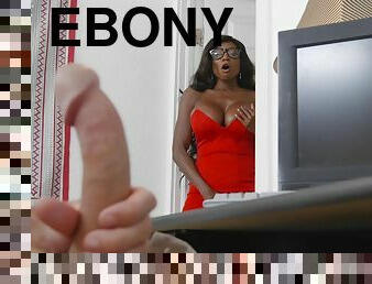 Ebony Diamond Jackson fucks & wanks stepson's white dick dry