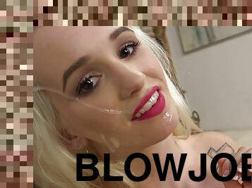 Young petite blonde gives POV handjob and blowjob for cum on face