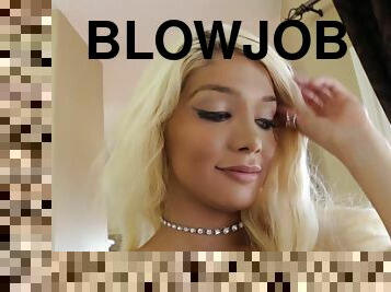 Blonde Elizabeth Jolie gets facial jizzed after sucking balls in POV