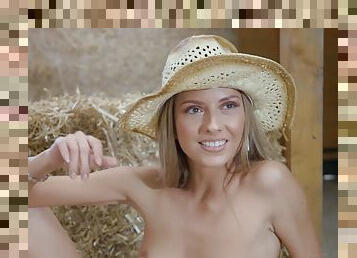 Leggy blonde in the barn fucks worker with a big dick