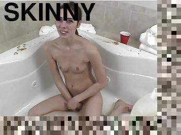 Skinny girl food play in bathtub