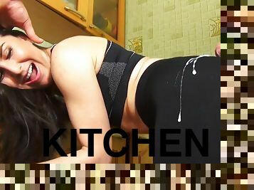Raven haired momma gets properly fucked in the kitchen