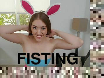 Hottie in Easter bunny outfit jumps on a hard cock