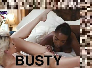 Busty big tits lesbian ebony babe tribbing with her friend