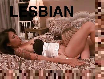 Lesbian lovers eat each other out in the bedroom. Full clip.
