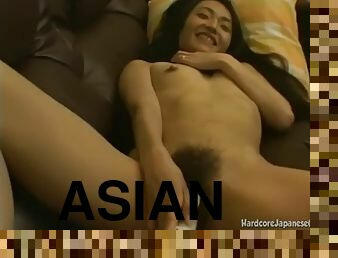 Asian girl toyed in her hairy pussy