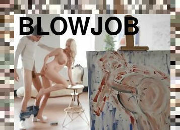 Creative, playful and hot blonde gives deep blowjob