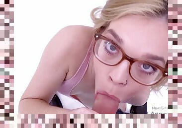 Blond with glasses makes hard dick spunk in studio - Pov Porn