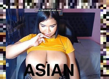 Big titty Asian girl with fat ass masturbating topless on webcam