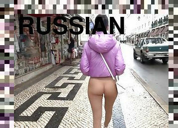 Naughty Russian MILF in pantyhose - shameless outdoors flashing