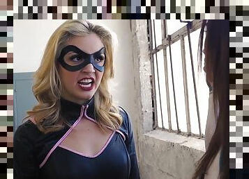 Lesbian femdom cosplay with bondage - super heroine