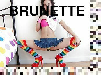 18 yo teen flashes her panties & strips in rainbow knee highs and red heels