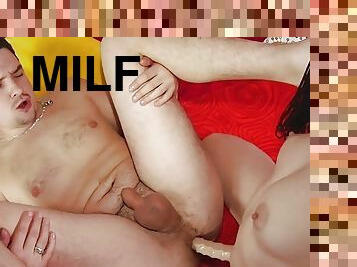 poilue, gode-ceinture, milf, jouet, branlette, bas, chienne, pute, gode, bout-a-bout