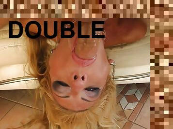 Upside down throatfucking and double penetration for slutty blonde