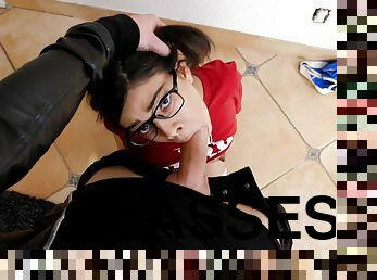 Sexy nerd in glasses Harmony Wonder sucks a large dick POV style