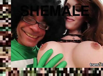 Costumed guy fucks shemale beauty