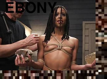 Tiny breast ebony takes male pole in bondage