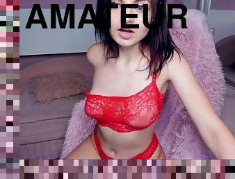 Young blue-eyed brunette amanda sross in red lace lingerie on webcam