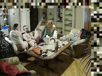 Amateur threesome, New Years celebrated with group sex at home