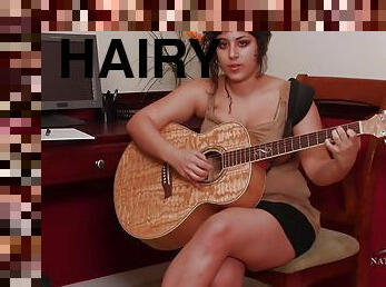 Super hot hairy thick big tit hippy with guitar - solo masturbation