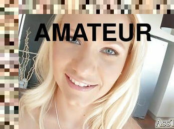 Hot blonde amateur masturbating and gets a facial cum