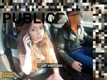FakeDrivingSchool Brunette Babe with Big Tits Fucks Her instructor in Public - Big dick