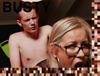 Busty nerdy blonde MILF wit big ass gets bent over and fucked by young guy - Sam bourne