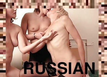 Russian mom Artemia and her girlfriends share a cock for three