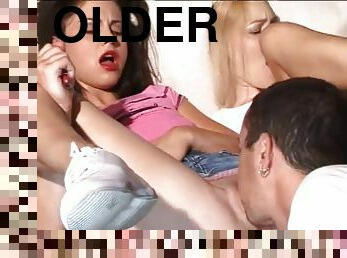 Three babes eat their pussies out and then give a hot head to older dudes