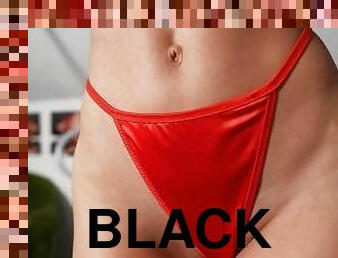 Black Leggings, Red Shiny Satin Panties and High Hells