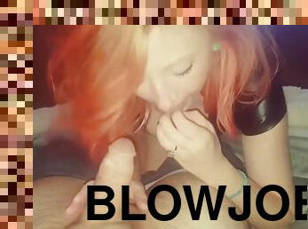 Hot readhead giving blowjob while watching ballgames