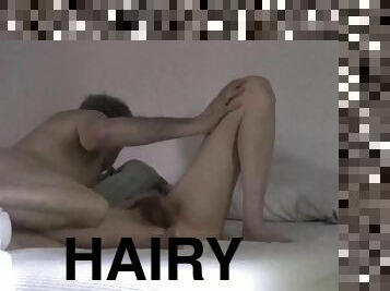 Hairy grandma rides husbands very fat cock