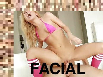 Naughty blonde teen gets a massive sticky face