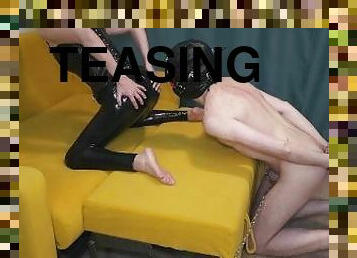 Teasing my handcuffed chained slave with leather leggings