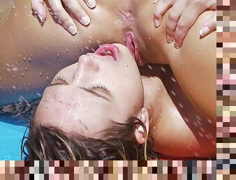 Teens on fire in sunny pool lesbian play