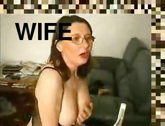 Nerdy wife rides dildo for him
