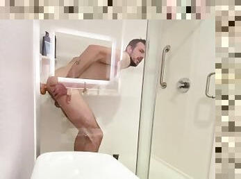 Straight guys first time riding his big white dildo in hotel shower